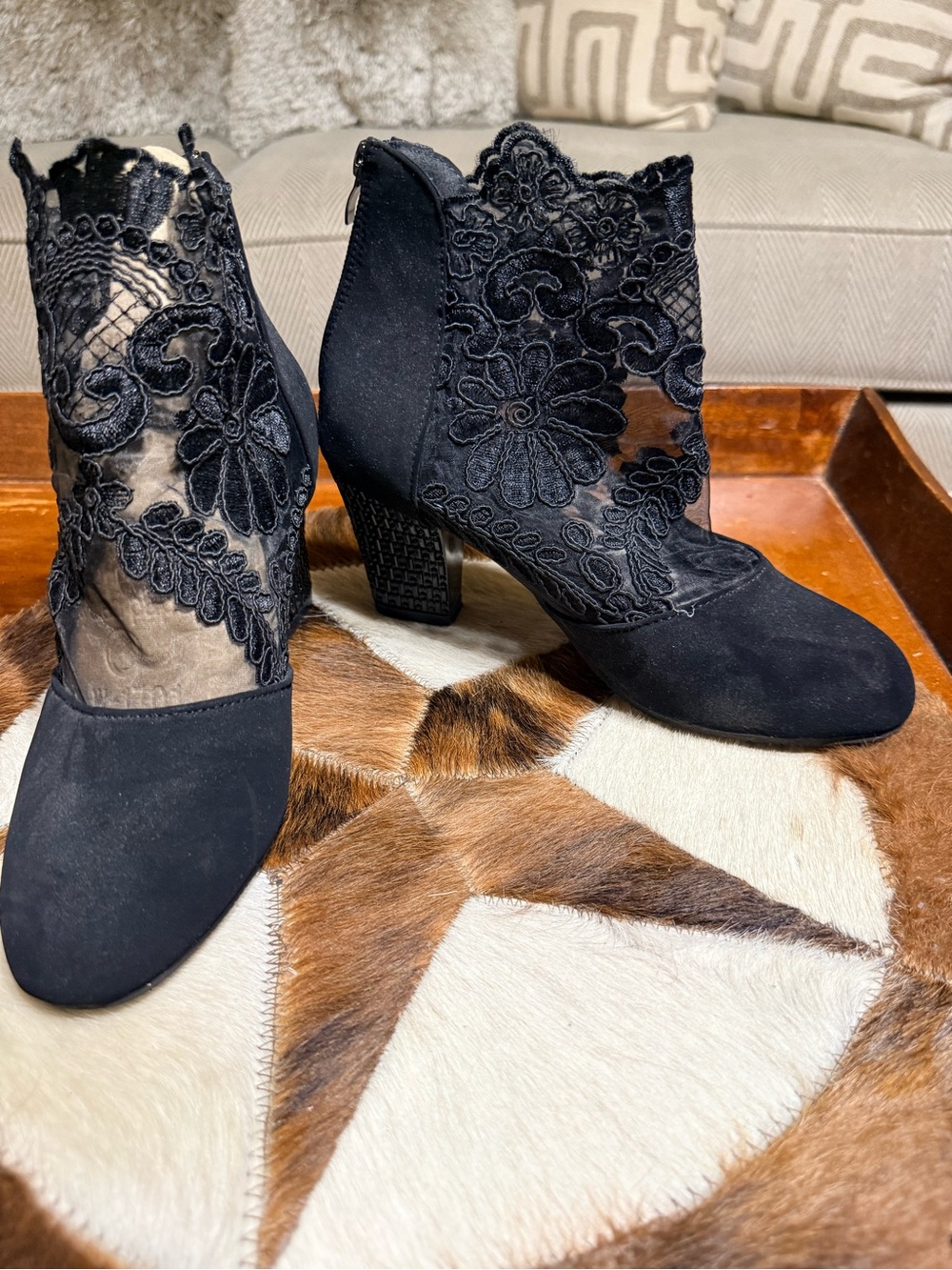 Moda International Black Lace Floral Mesh Ankle Boots